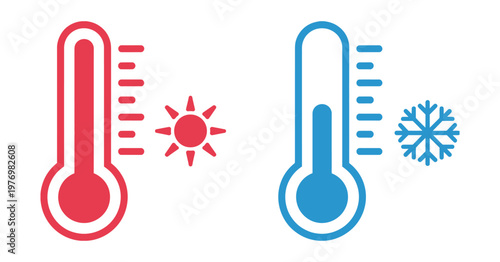 Hot and cold thermometers vector illustration representing temperature extremes with heat and freeze indicators for weather, climate, and safety design