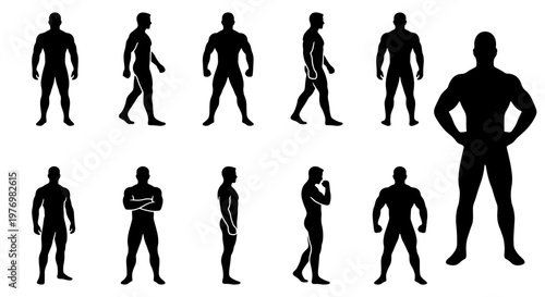 Muscular man silhouette set, 11 male bodybuilder icons, fitness vector
