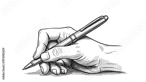 Human hand holding a pen and writing on a surface in a detailed vintage engraving style for creative projects.