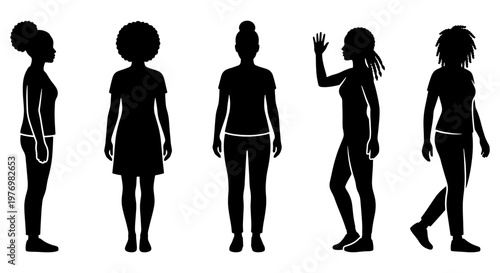 Black woman silhouette set, diverse female figures, standing poses vector
