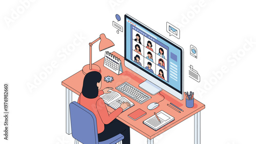 Woman sitting at a desk and participating in a video conference or online class with multiple participants on a screen.