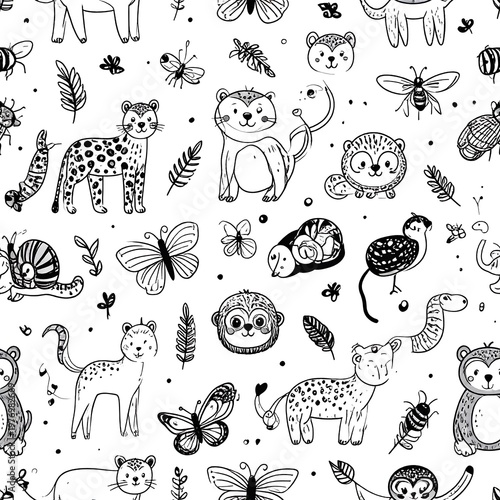 A whimsical monochrome pattern showcasing an array of stylized creatures and insects with various botanical accents in a repeat layout