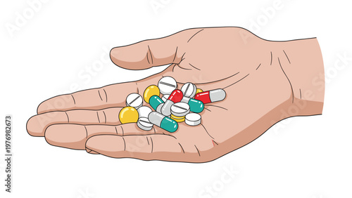 Human hand holding a variety of colorful medical pills and capsules representing health care, pharmacy, and medication.