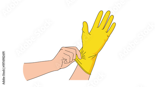 Person putting on a yellow protective rubber glove for cleaning or medical tasks in a flat style illustration.