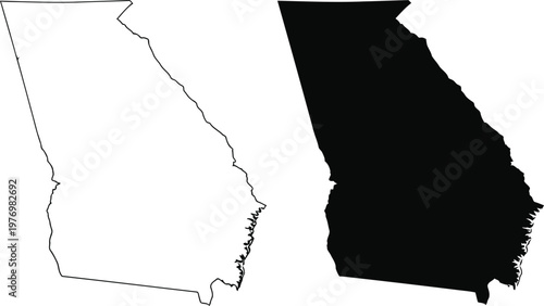 A graphic illustration showing both the outline and solid silhouette of the state of georgia usa Vector