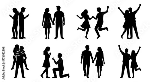 Romantic couple silhouettes, man and woman set, 8 vector icons
