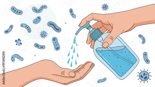 Human hands applying liquid hand sanitizer from a pump bottle surrounded by virus and bacteria illustrations for hygiene.