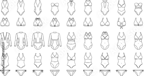 Comprehensive Collection of Women Swimwear Line Icons Featuring One Piece Swimsuits Bikinis Monokinis Rash Guards and Bathing Sui