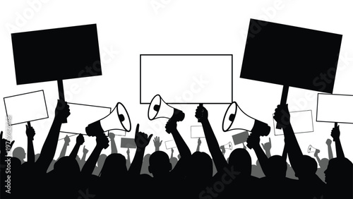 Silhouettes of a crowd of people protesting with blank signs and megaphones representing activism and social justice.