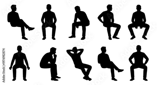 Sitting men silhouettes set, 10 male figures, seated people vector icons