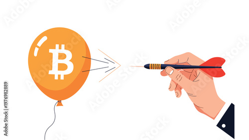 Human hand throwing a dart at an orange balloon with a white bitcoin logo representing financial risk and market bubbles.