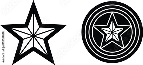A black and white graphic illustration featuring a star shape next to a circular shield emblem. Vector
