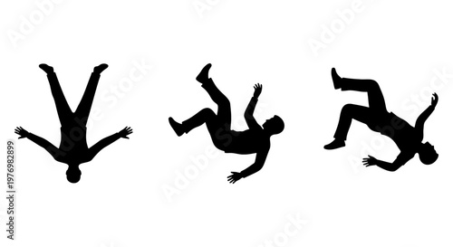Falling man silhouettes, 3 male figures tumbling, person dropping vector