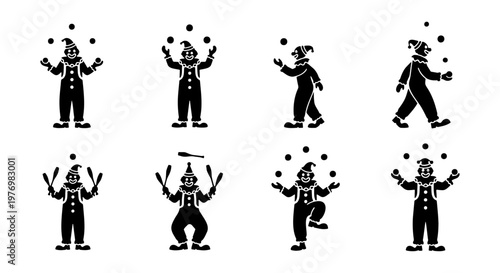 Vintage circus clown icons, juggling performer set, 8 vector silhouettes