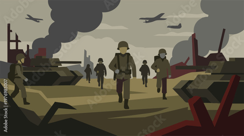 Flat design war scene with soldiers, tanks, and planes under smoky sky