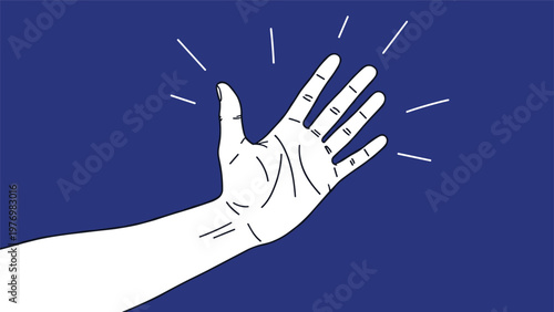 Detailed line art illustration of an open human hand gesturing a wave or stop sign against a solid dark blue background.