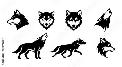 Wolf head mascot set, howling wolf silhouettes, 7 black vector icons