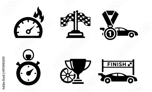 Racing car icons set, black motorsport symbols, 6 vector speed elements