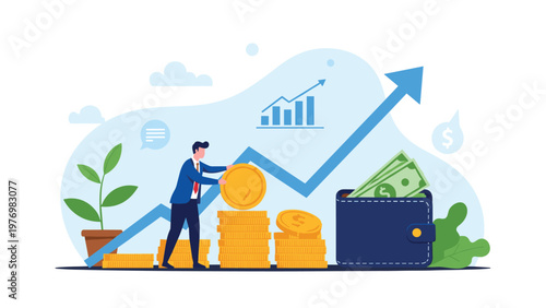 Successful businessman stacking gold coins next to a wallet full of money with a rising profit arrow and green plant.