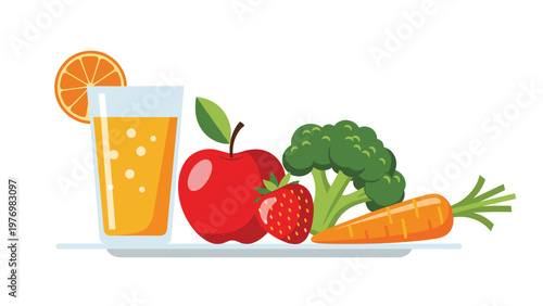 Healthy breakfast tray with glass of fresh orange juice and assortment of fruits and vegetables like apple and carrot.