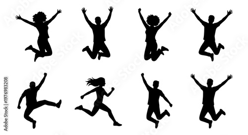 Jumping people silhouettes, happy group of 8 jumping figures, vector set