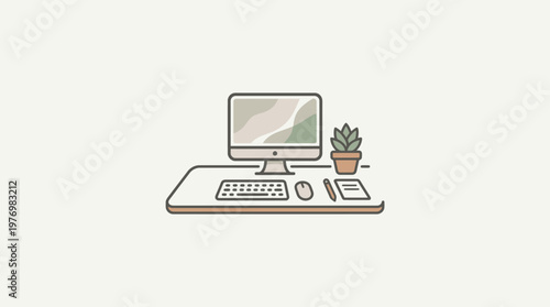 Minimalist Home Office Workspace with Computer and Plant