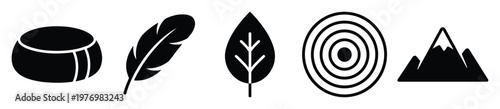 Modern compilation of nature themed solid icons representing a feather, leaf, mountains, concentric circle target, and a smooth round shape, useful for web graphics and eco friendly