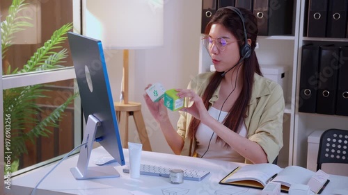 Young asian creative woman development packaging cosmetic and skincare product design with AI artificial intelligence, businesswoman using headset with marketing for conference online, call center.