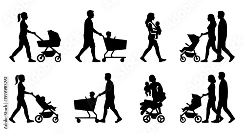 Family silhouettes with baby strollers, parents walking with prams vector