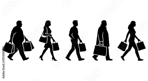 Shopping people silhouettes, walking shoppers with bags, retail vector set