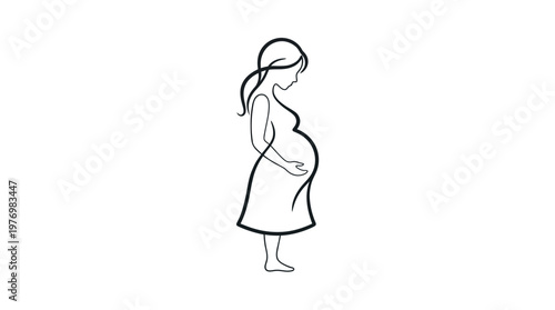 Minimalist continuous line drawing of pregnant woman silhouette.