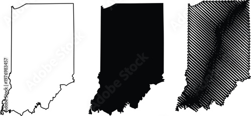 Three different graphical representations of the outline and shape of the us state of indiana map Vector