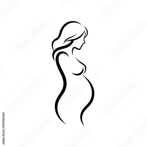 Minimal black line art silhouette of an expectant pregnant woman in profile.