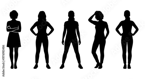 Female silhouettes set, black woman figures, 5 standing girl vectors