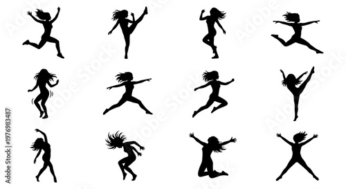 Jumping woman silhouettes, 12 dancing girl icons, active female vector set
