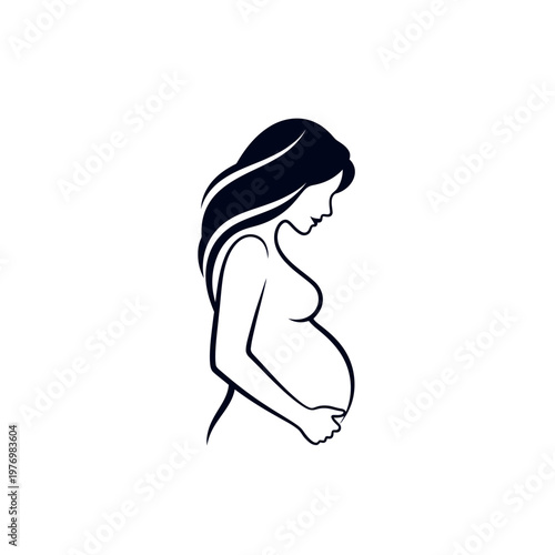 Minimal black silhouette of pregnant woman in side profile with gentle outline.