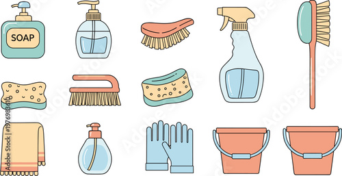 Cleaning Supplies Set with Soap, Brushes, Gloves, Spray Bottles, and Buckets for Household, Office, and Commercial Use Designs