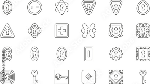 Comprehensive Collection of Vintage Keyhole and Antique Key Line Icons Featuring Decorative Escutcheons Security Symbols Ornate Frames and Locksmith Hardware Elements for Classic Interior Design