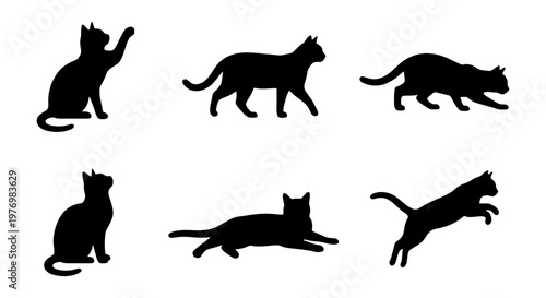 Black cat silhouettes, 6 feline vector icons, jumping and sitting cats