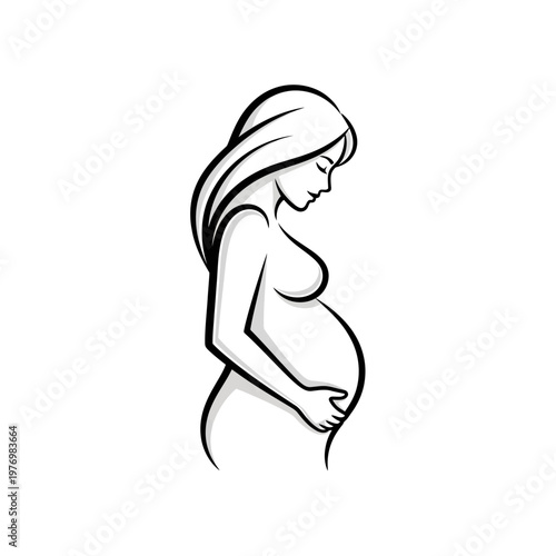 Minimal black line silhouette of a pregnant woman in profile.