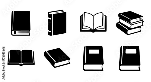 Minimalist book icons set, black library symbols, 8 education vector signs