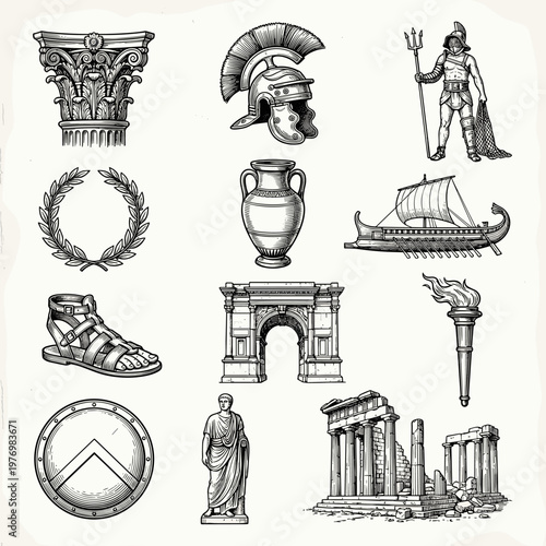 Ancient Rome and Greece icons: Roman helmet, Corinthian column, gladiator, trireme, and amphora on white