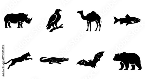 Wild animal silhouette icons, black fauna vector set, 8 nature elements