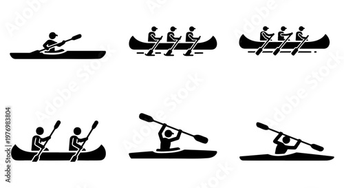 Rowing and kayaking icons set, black water sports vector, 6 boat symbols