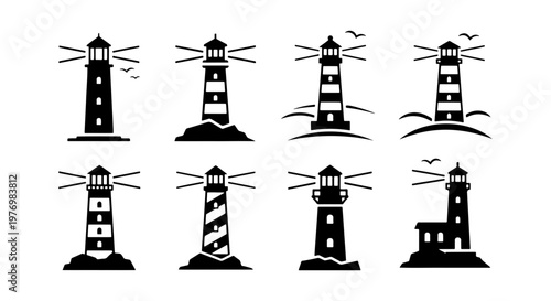 Lighthouse icon set, nautical beacon vector symbols, 8 marine logos