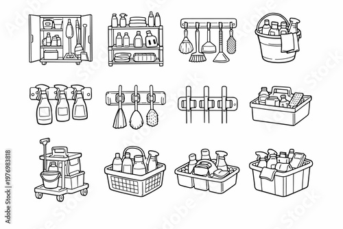 Icons mop spray box vector icon bucket cleaning tool mount storage