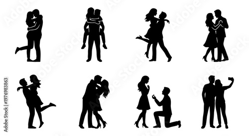 Romantic couple silhouettes, 8 love icons, wedding proposal vector set