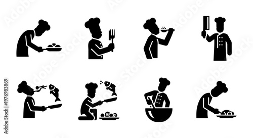 Chef icon set, professional cook silhouettes, 8 restaurant kitchen vectors