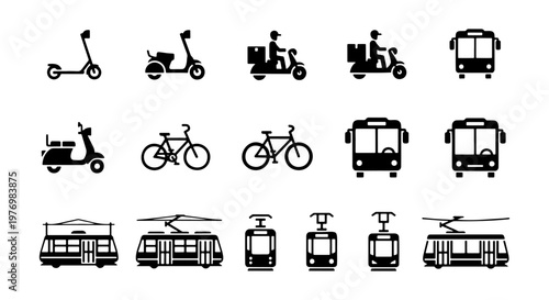 Urban transport icons, 15 city vehicle vector set, public transit symbols