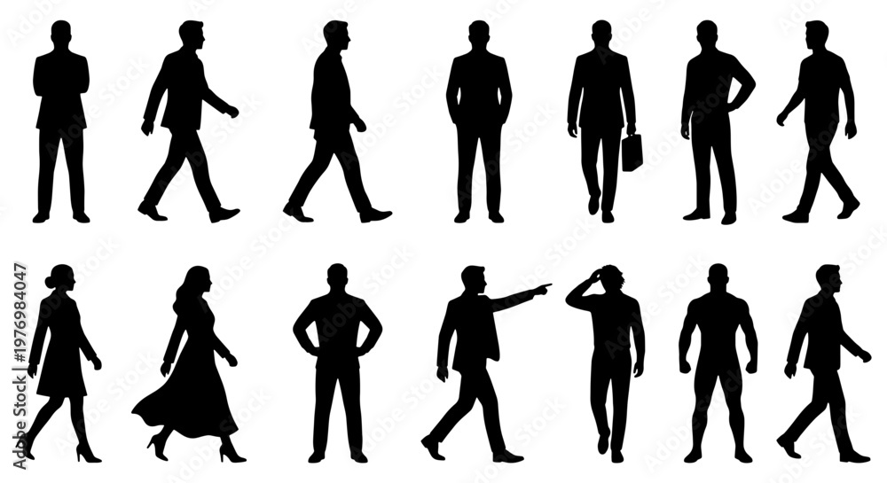 Fototapeta premium Business people silhouettes, 14 walking and standing figures, black vector set